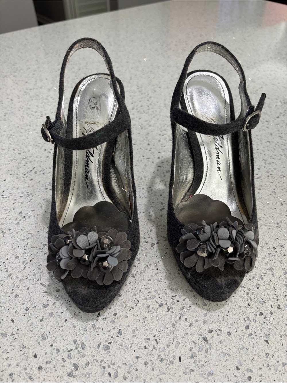 Beverly Feldman Domaine Flannel Black Floral Peep-Toe Slingback Heels